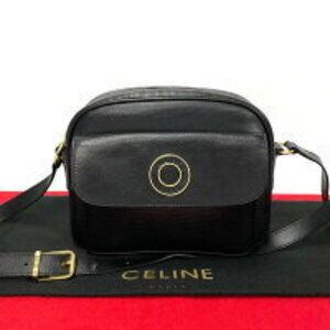 Celine circle logo leather Shoulder Bag sacoche black